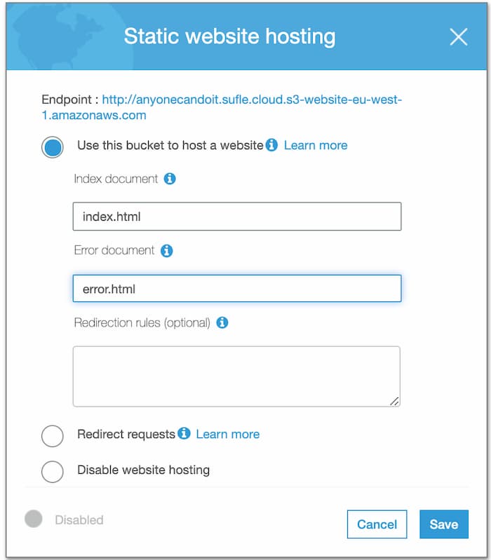 Enable static website hosting in S3 Bucket