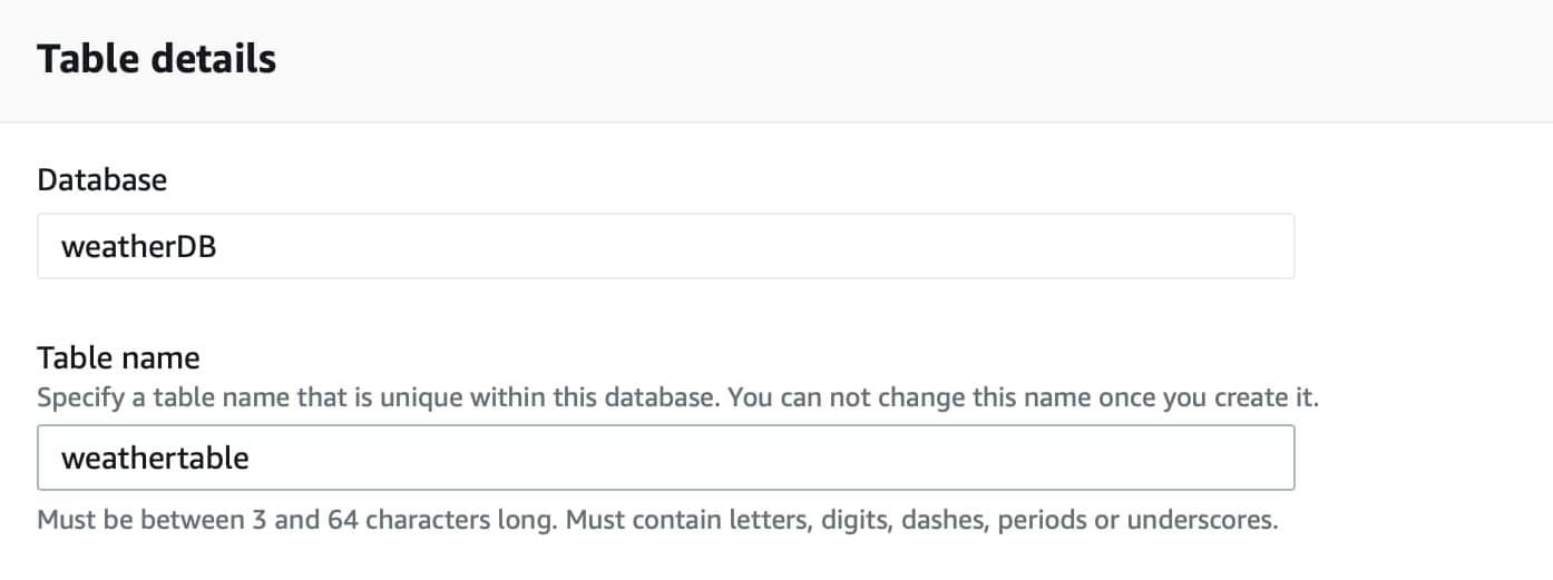 Create table from Amazon timestream console