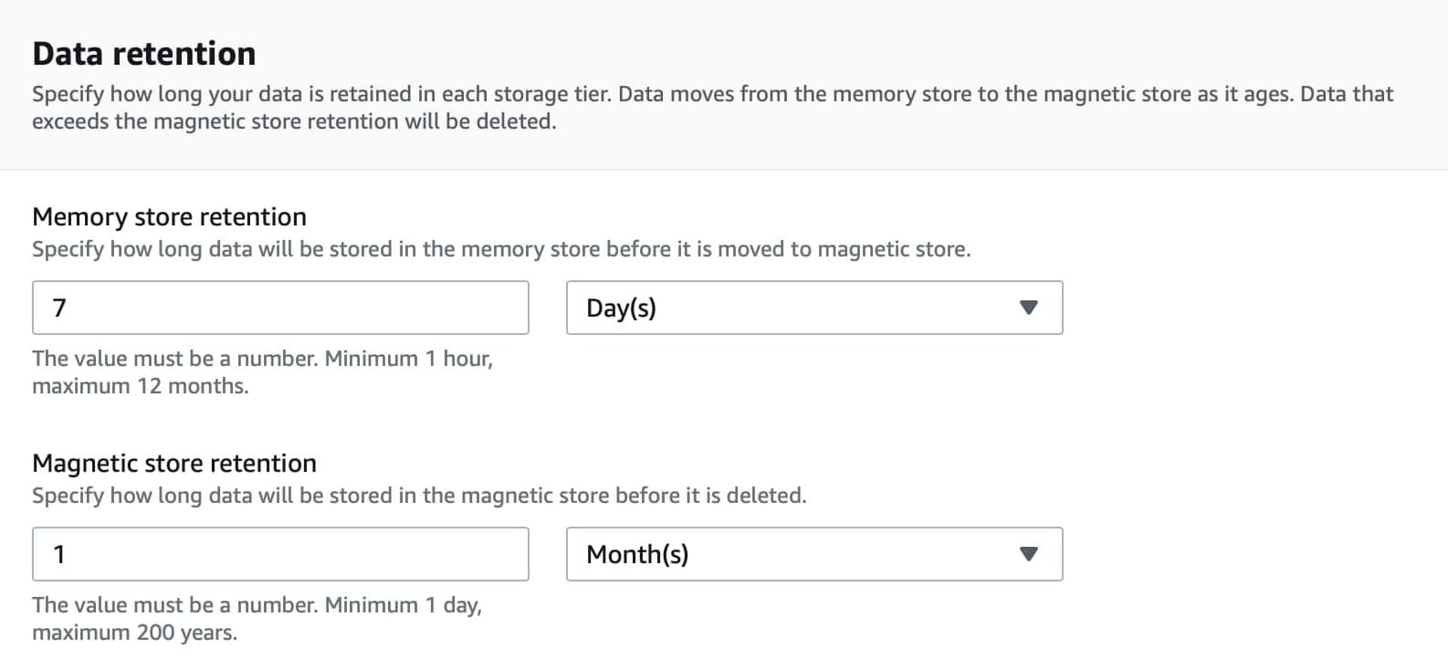 Select data retention periods.