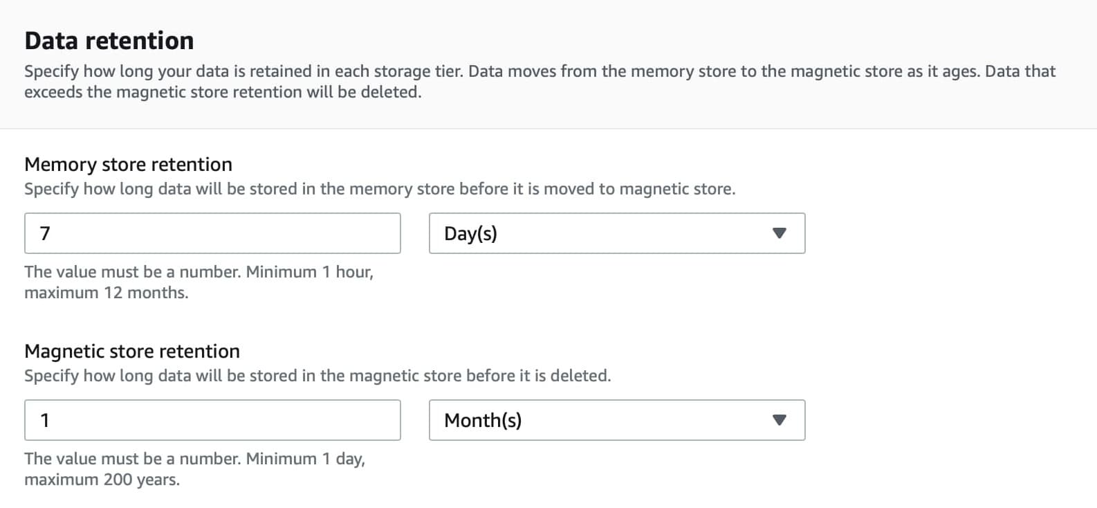 Select data retention periods.