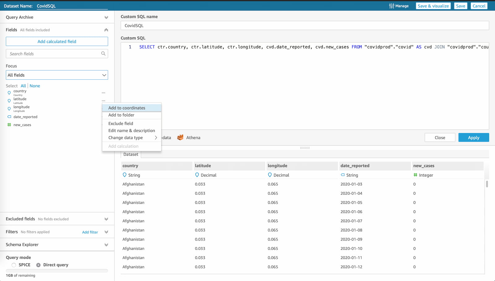 Quicksight create dataset Athena Query